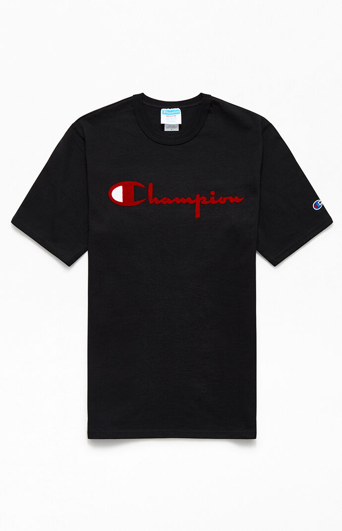 red and black champion shirt