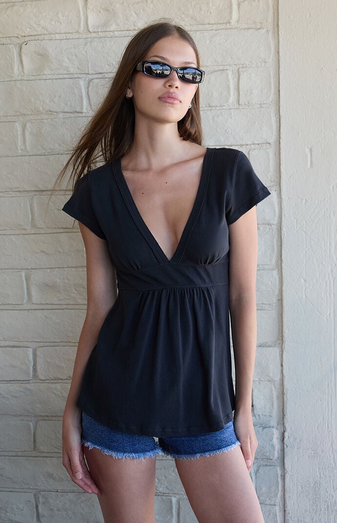 John Galt Black Babydoll V-Neck Top