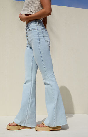 Light Blue Button Stretch High Waisted Flare Jeans image number 5