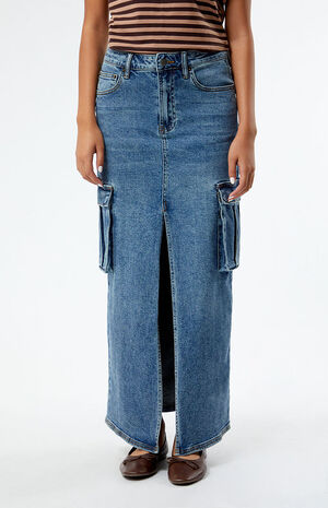 Long Split Front Cargo Denim Maxi Skirt image number 2