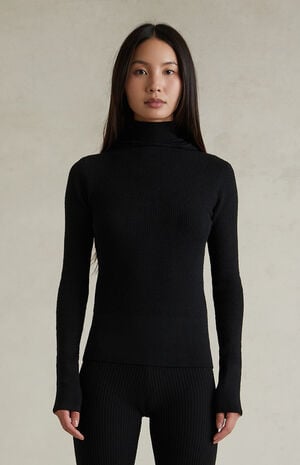 Women's Jet Black Waffle Knit Tight Hooded Sweater image number 2