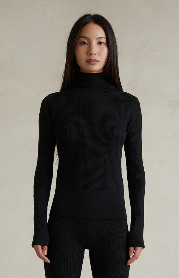 Fear of God ESSENTIALS Women's Jet Black Waffle Knit Tight Hooded Sweater