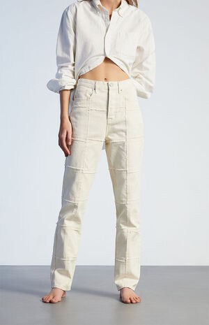 White Frayed Paneled Dad Jeans image number 2