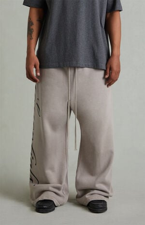 Smoke Grey Script Logo Lounge Fleece Baggy Sweatpants image number 3