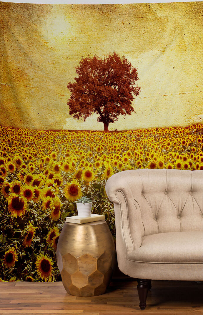 Lone Tree And Sunflowers Tapestry