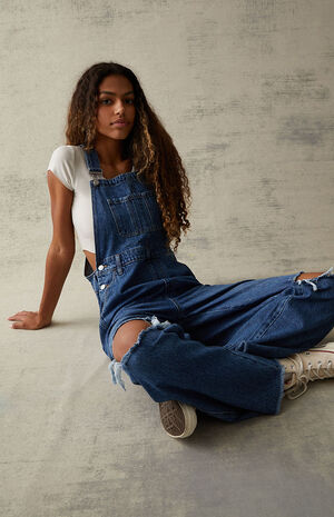 Dark Blue Ripped Denim Workwear Overalls image number 1