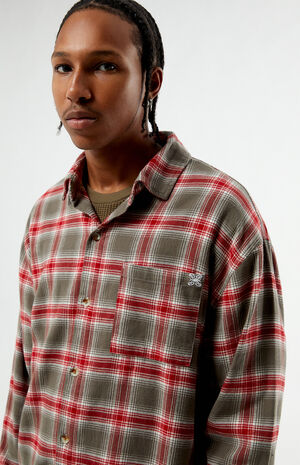 Grey & Red&nbsp;Plaid Long Sleeve Flannel Shirt image number 2