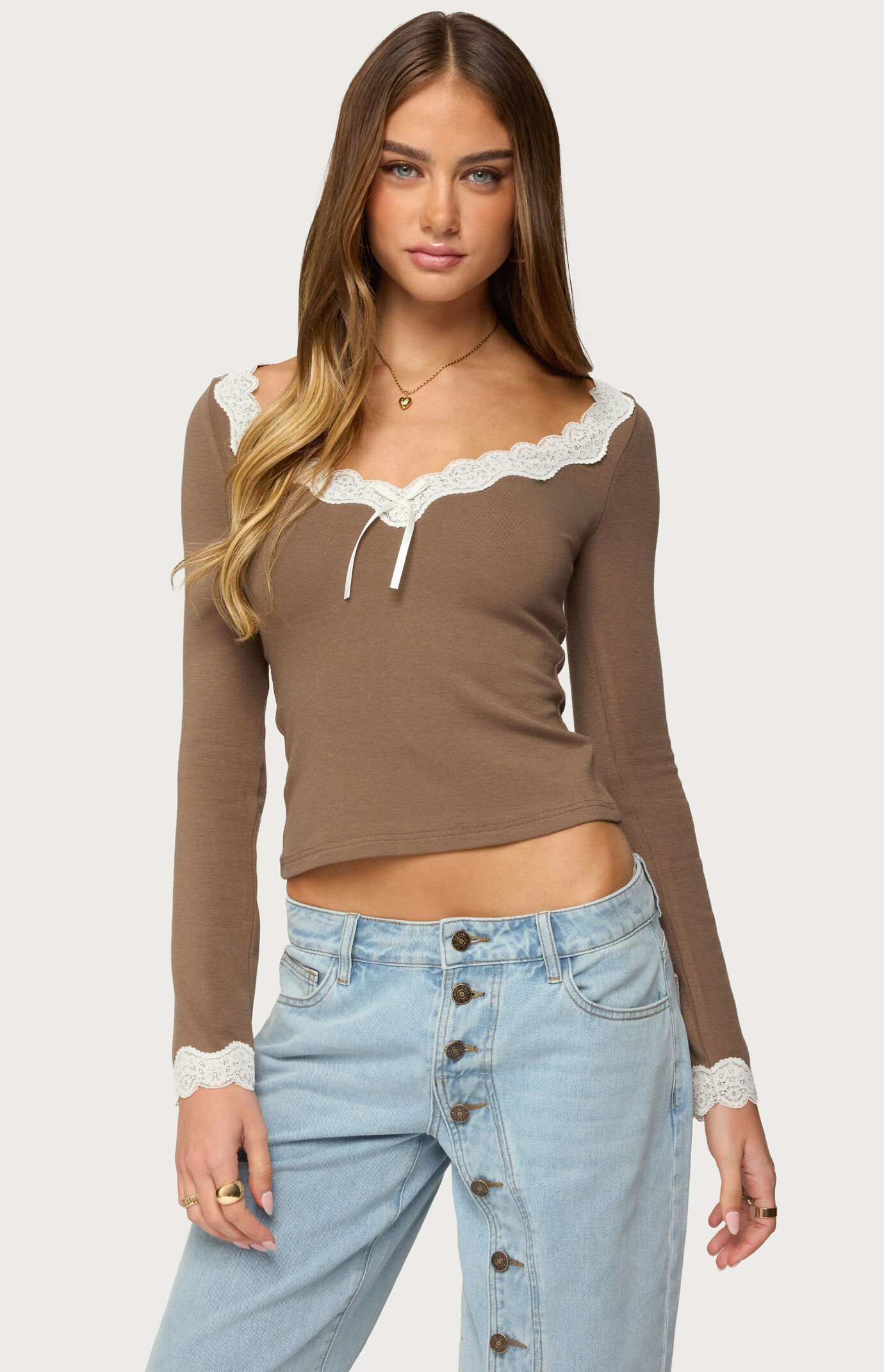 Edikted Contrast Lacey Long Sleeve Top
