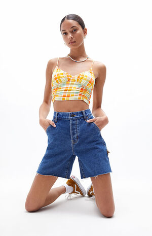 Dark Blue High Waisted Boyfriend Carpenter Shorts image number 1