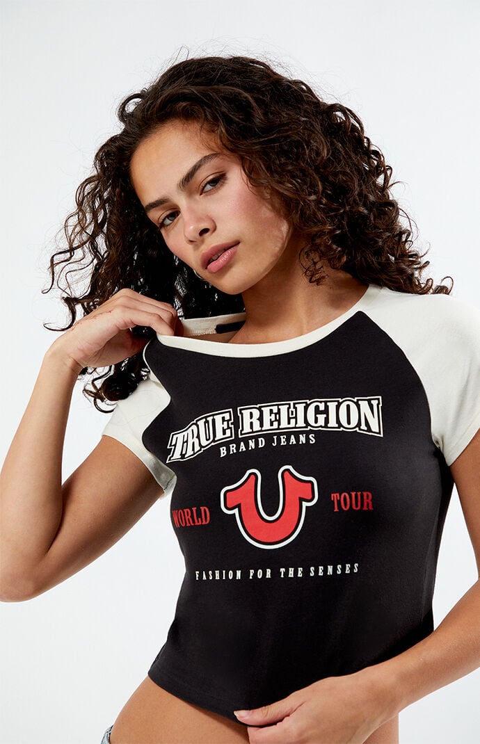 トゥルーレリジョン True Religion 【 World Tour Boyfrien T-Shirt Women 】 レディース True Religion Women's T-Shirt Deep V-Neck Crystal