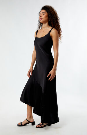 Black Satin Asymmetrical Midi Dress image number 3