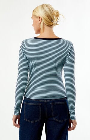 Poppy Striped V-Neck Button Up Long Sleeve Top image number 5