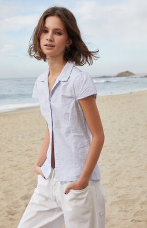 Blue & White Rue Striped Collared Top image number 2