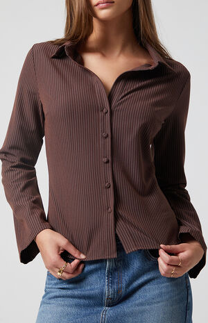 Polly Pinstripe Button Up Long Sleeve Top image number 3