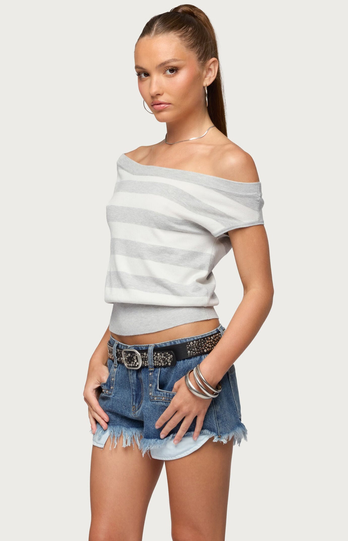 Edikted Hettie Striped Off The Shoulder Knit Top