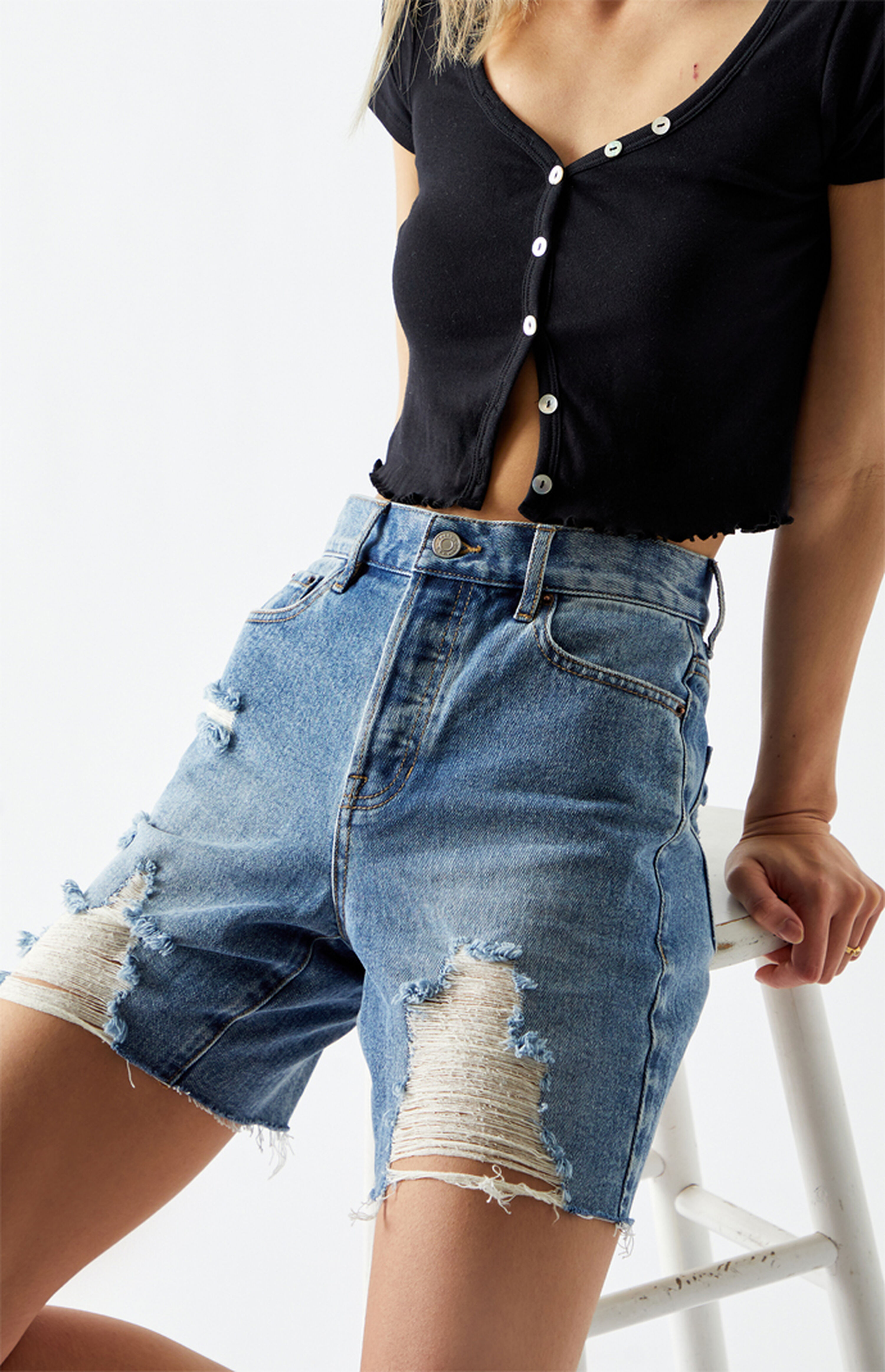 PacSun Medium Blue High Waisted Denim Boy Shorts PacSun