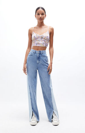 Eco Two-Tone Paneled Split Boyfriend Jeans image number 5