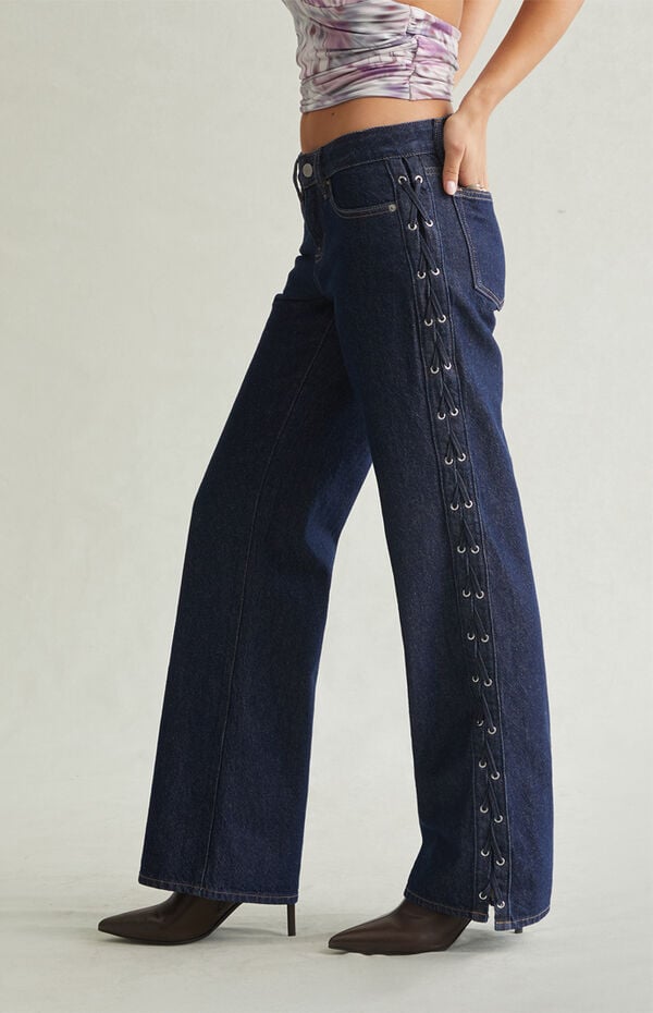 Pacsun Zoe Low Rise Girlfriend Jeans Lace-Up Side Dark Blue