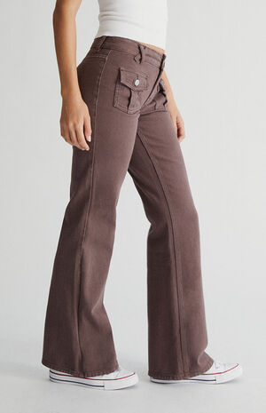 Brown Low Rise Cargo Flare Jeans image number 3