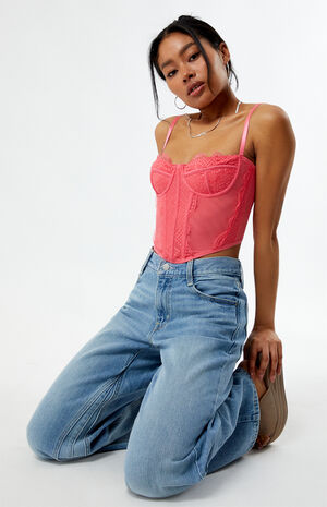 Lace Trim Mesh Corset Top image number 1