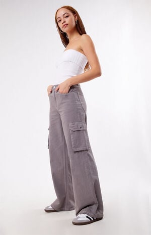 Light Gray High Waisted Wide Leg Cargo Pants image number 1