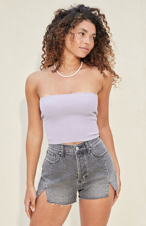 Eco Light Gray Side Slit Vintage High Waisted Denim Shorts image number 1
