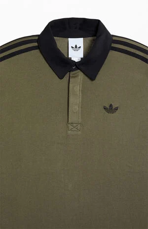 Olive Three Stripe Long Sleeve Rugby Shirt image number 2