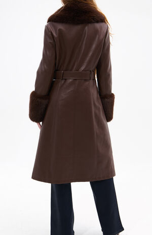 Kaya Brown Faux Leather & Fur Trench Coat image number 3
