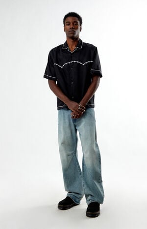 Black Western Embroidered Oversized Resort Camp Shirt image number 4