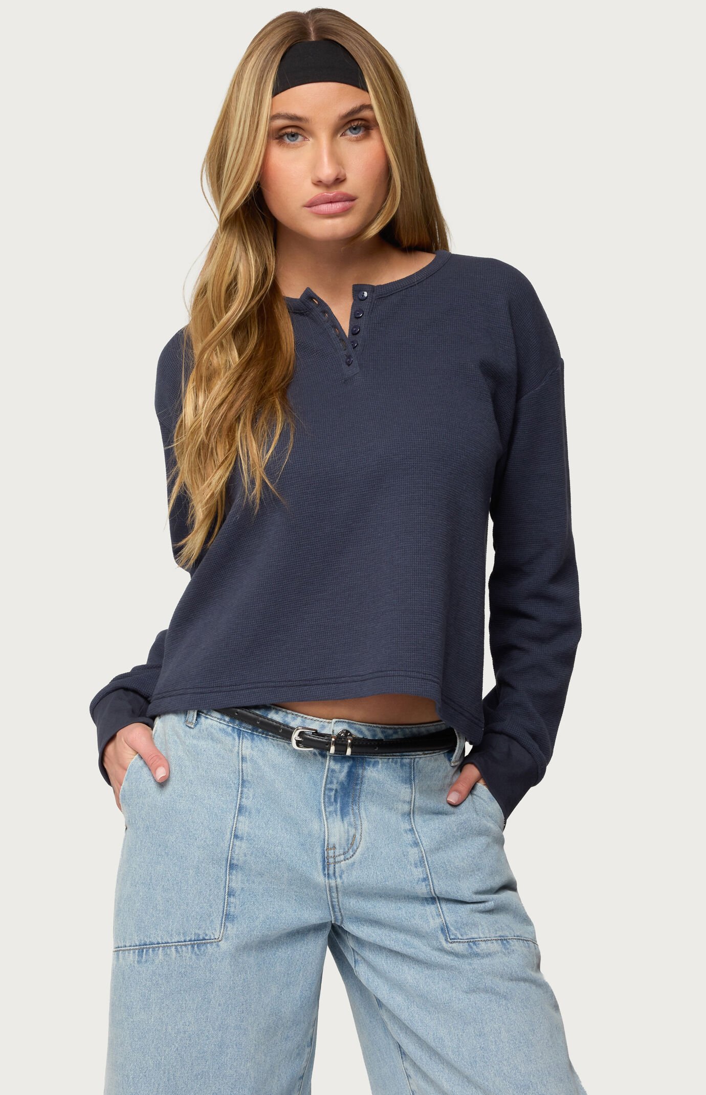 Edikted Deni Long Sleeve Henley Waffle Top