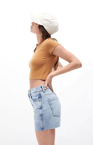 Upcycled Light Blue High Waisted Cutoff Denim Shorts image number 2