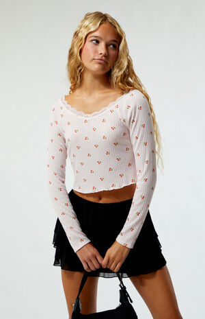 Cherry Print Lace Long Sleeve Top image number 2