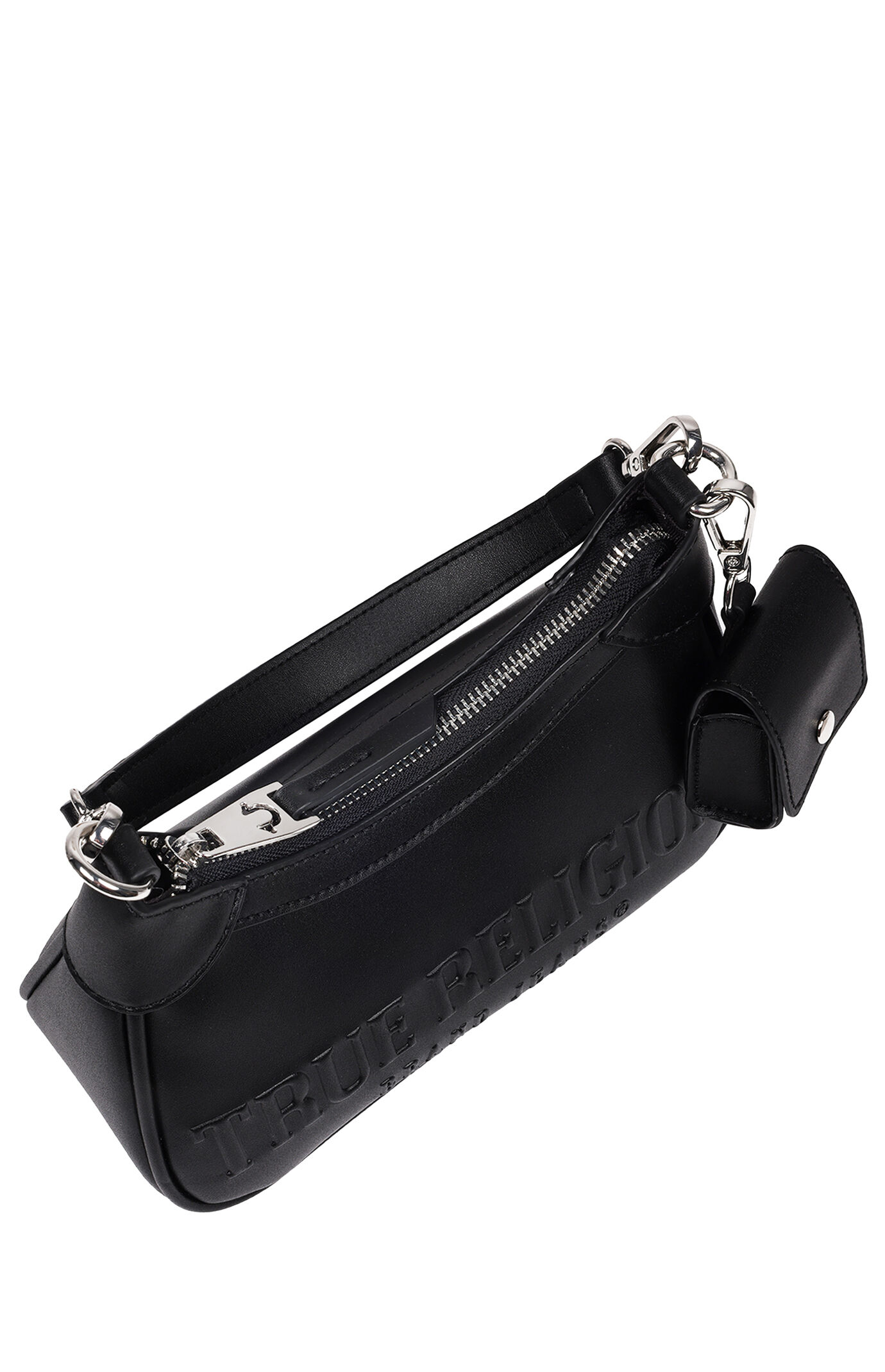 True Religion Black Trapunto Logo Zip Top Hobo Bag