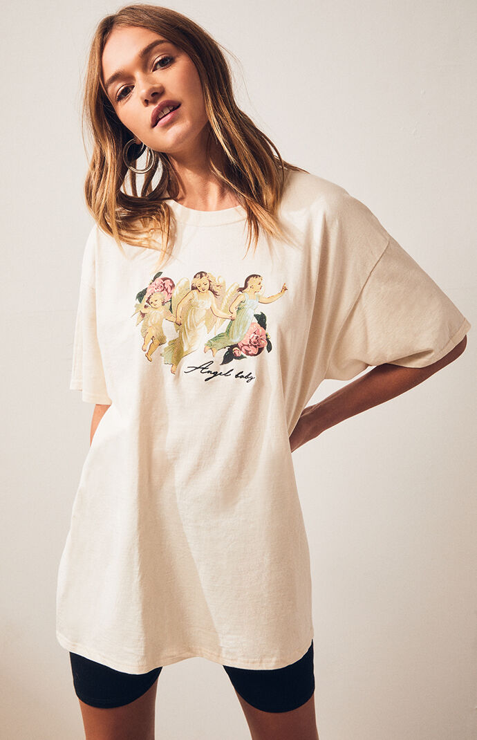 PacSun offer a relaxed fit in the Angel Baby T-Shirt. This casual tee features short sleeves, crew neckline, front graphic, and "Angel Baby" embroidery. Short sleeves Crew neckline Front graphic Front embroidery Model is wearing a medium 100% cotton Machine washable