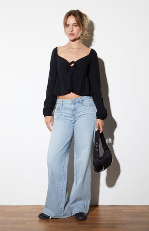 Long Sleeve Keyhole Linen Babydoll Top image number 4