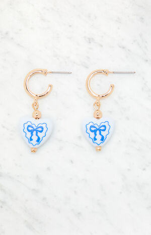 Blue Bow Heart Drop Hoop Earrings image number 1