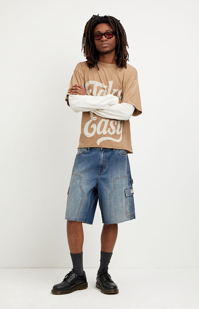 Pacsun Parker Baggy Jean Shorts Cargo Carpenter Medium Blue