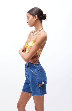 Dark Blue High Waisted Boyfriend Carpenter Shorts image number 4