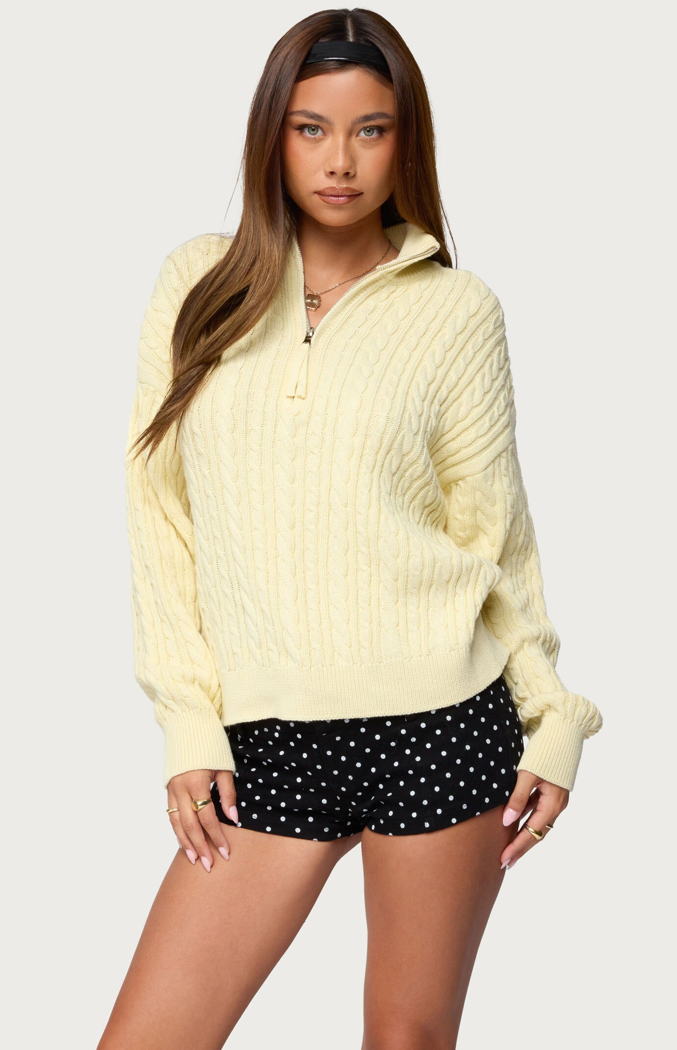 Edikted Sarie Cable Knit Quarter Zip Sweater