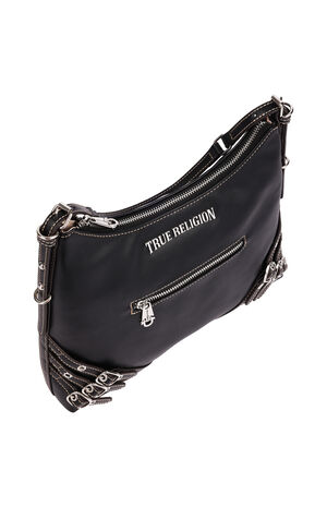 Black Triple Straps Large Faux Leather Hobo Bag image number 5