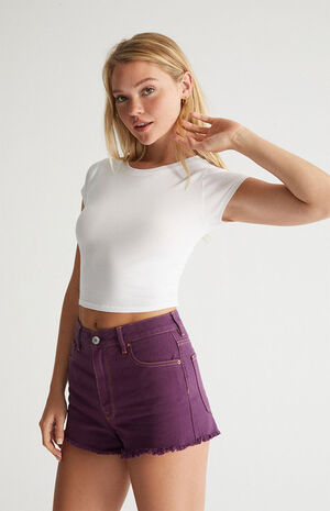 Eco Violet High Waisted Denim Festival Shorts image number 2