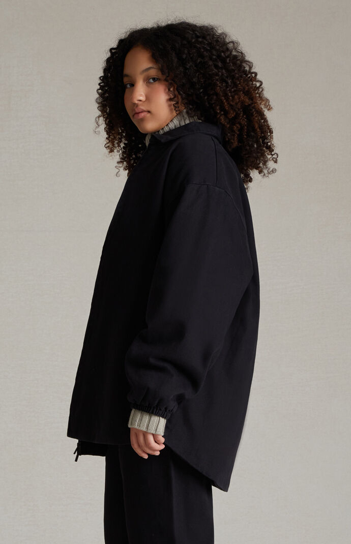 Kids Fear of God Essentials Overdye Black Denim Filled Shirt Jacket | PacSun