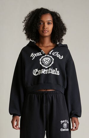 Women's Black Heavy Fleece Cropped V-Neck Hoodie image number 2