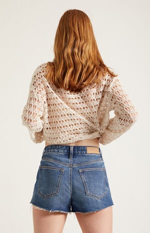 Ivy High Waisted Denim Festival Shorts Raw Cut Dark Blue image number 4