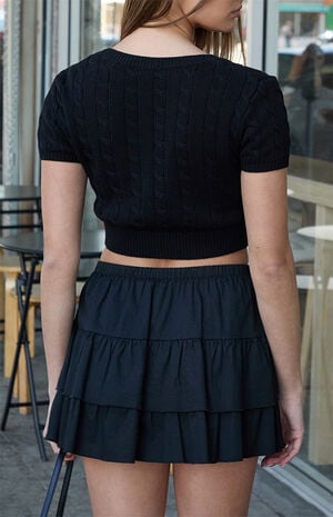 Black Cable Knit Short Sleeve Cropped Cardigan image number 3