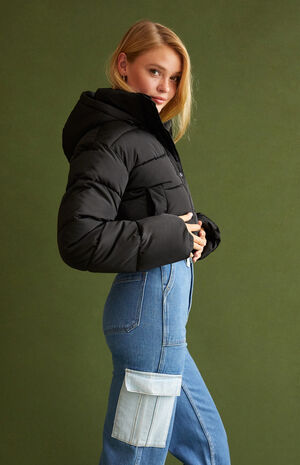 Black Hooded Puffer Jacket image number 4