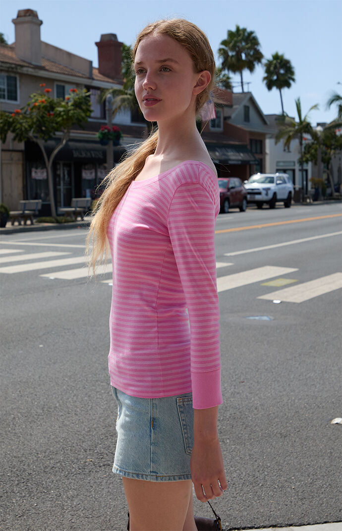 John Galt Pink Striped Long Sleeve Off-The-Shoulder Top