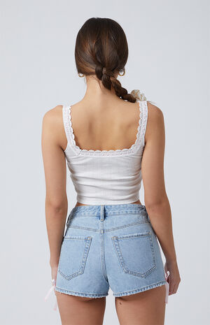 Light Indigo Side Stripe Bow High Waisted Denim Festival Shorts image number 3