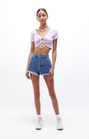 Cow Print Pocket Vintage High Waisted Denim Shorts image number 6