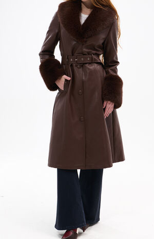 Kaya Brown Faux Leather & Fur Trench Coat image number 1